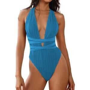 ZAFUL Women's One Piece Swimsuit Deep V Neck Ribbed Self Tie Deep Blue XL